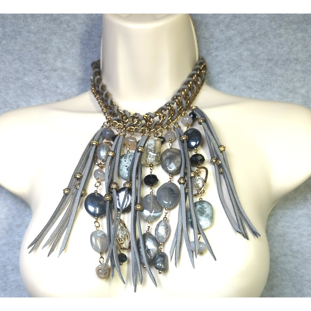 Vtg Erica Lyons Choker Necklace Thick Gold Chain Lg Leather Stone Drops Festival